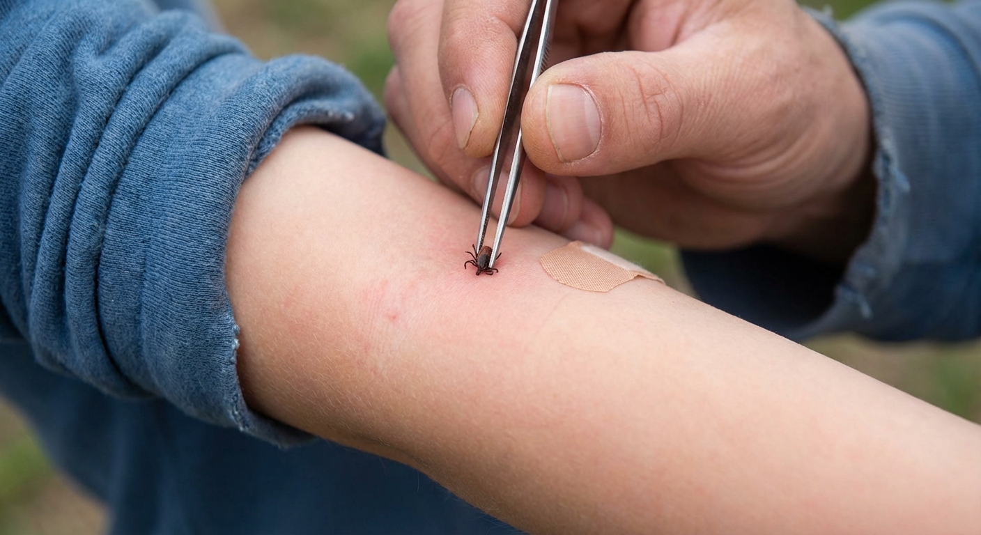 Close up photo of a parent using fine-tipped tweezers to pull a tick straight upward from a child’s skin, realistic photo
