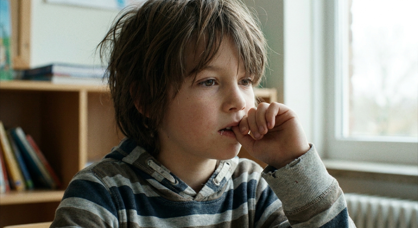 Close up photo of a school age child bringing fingers to their mouth and biting a fingernail, natural indoor lighting