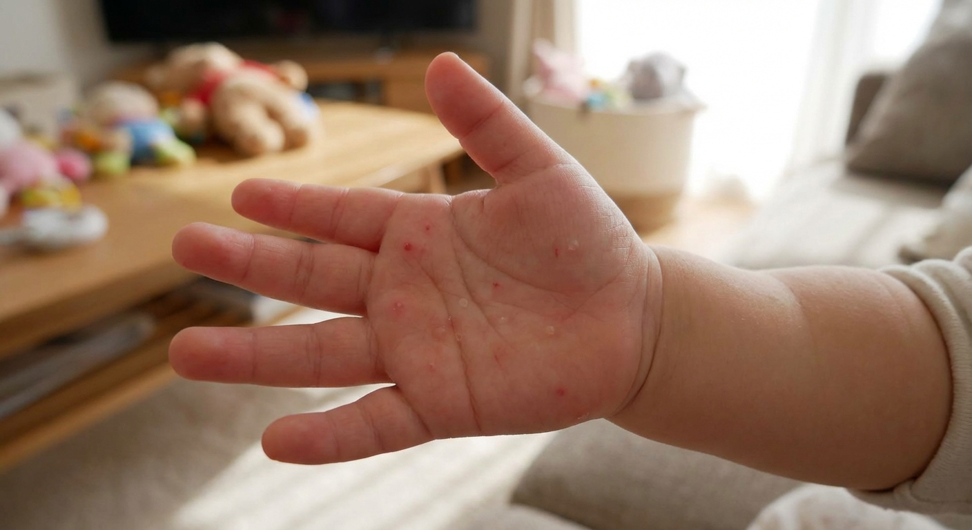 Close-up photo of a toddler’s open palm with several small red bumps and a couple of tiny blister-like spots, shallow depth of field, natural indoor lighting