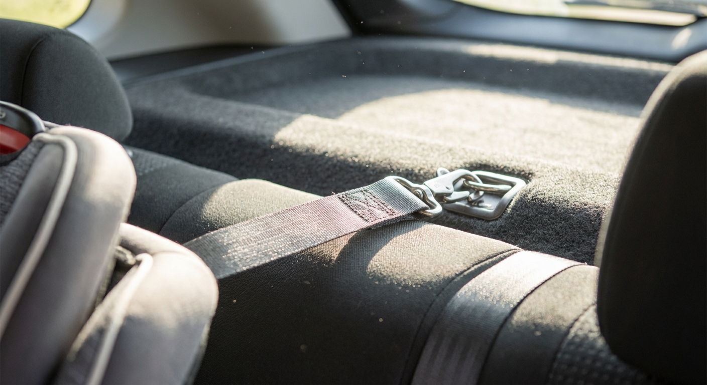 Close-up photo of a top tether strap from a forward-facing child car seat attached to the vehicle’s tether anchor point behind the back seat, realistic lighting