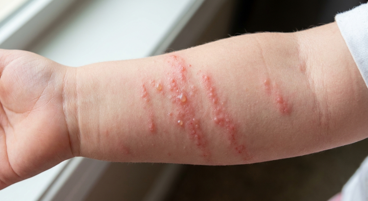 Close-up photograph of a child’s forearm showing a red, itchy rash in thin linear streaks with a few small blisters, consistent with poison ivy exposure