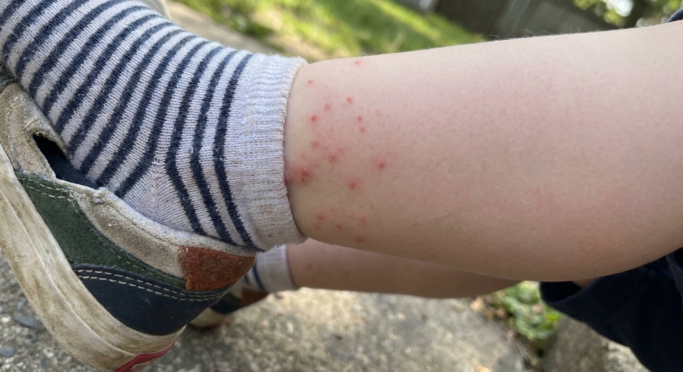 Close-up photograph of a child’s lower leg showing clustered red bumps concentrated around the sock line and ankle area