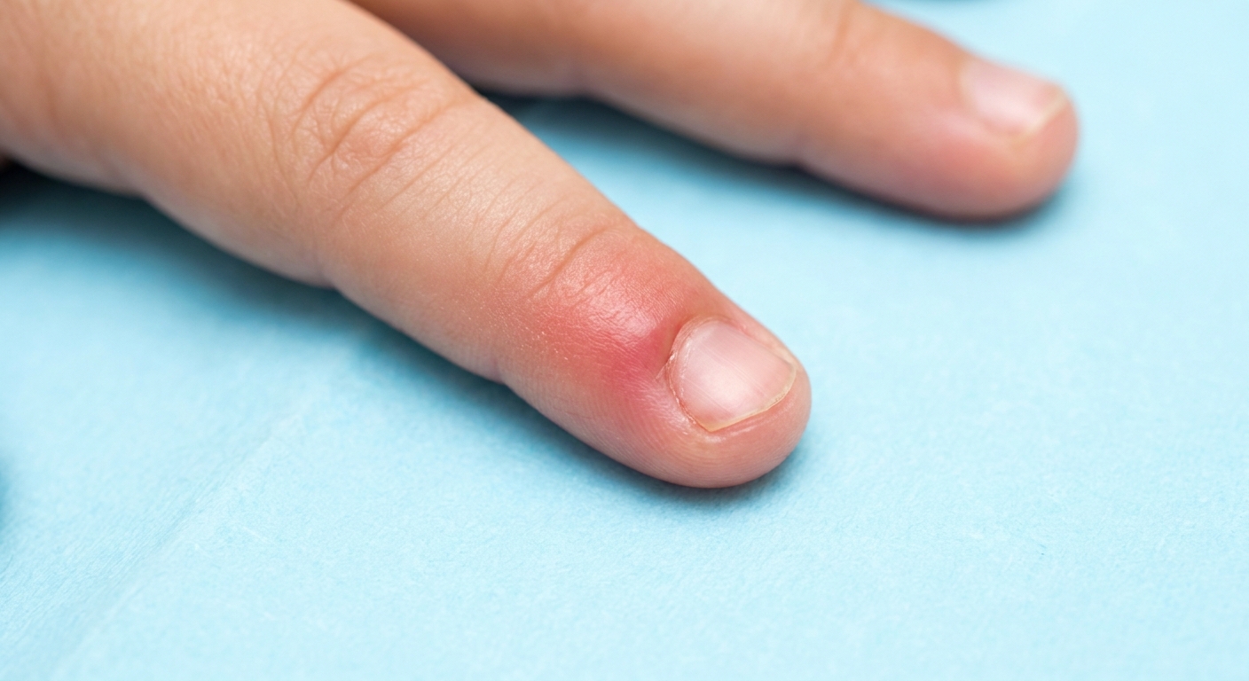 Close up realistic photo of a child's fingertip with redness and swelling along one side of the fingernail, no text, clinical but non graphic