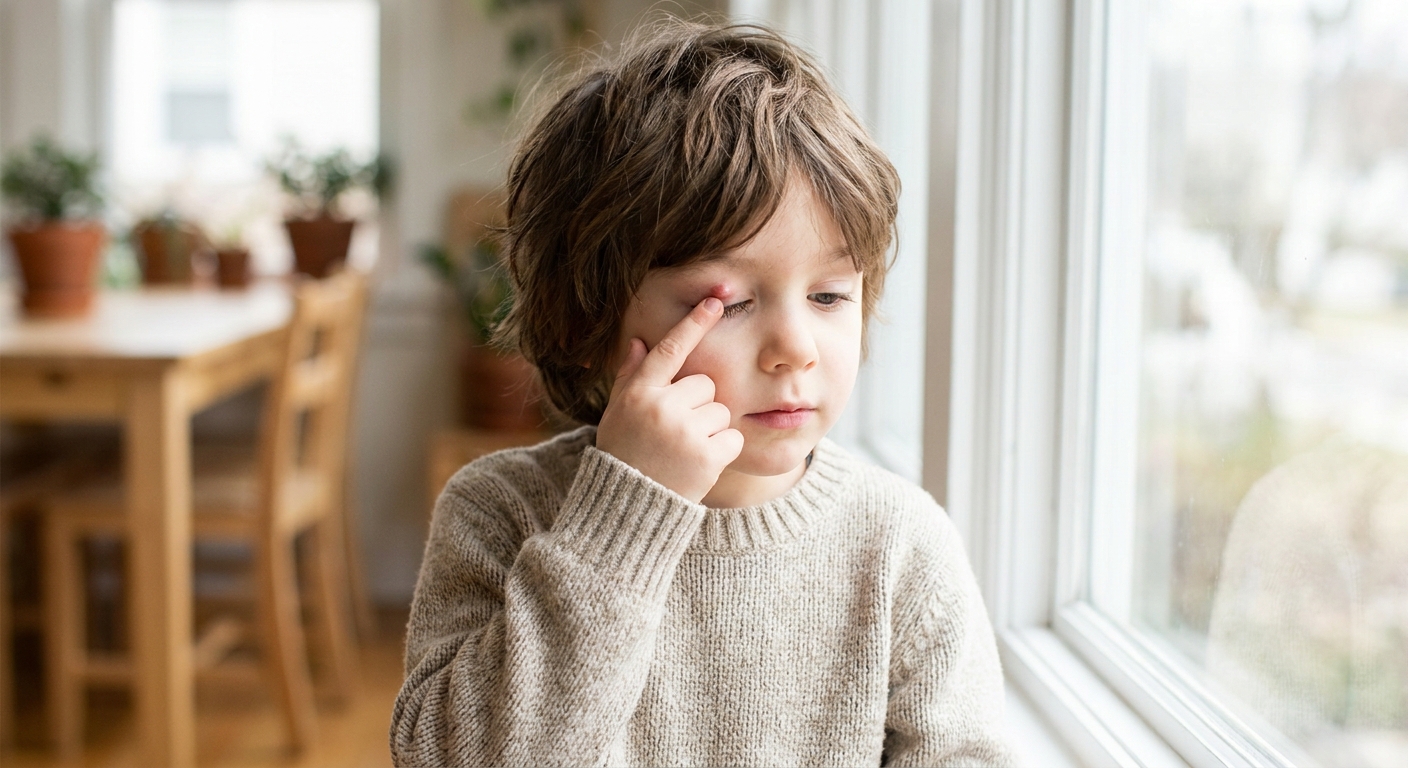 A child in natural light with a small localized bump visible on the upper eyelid