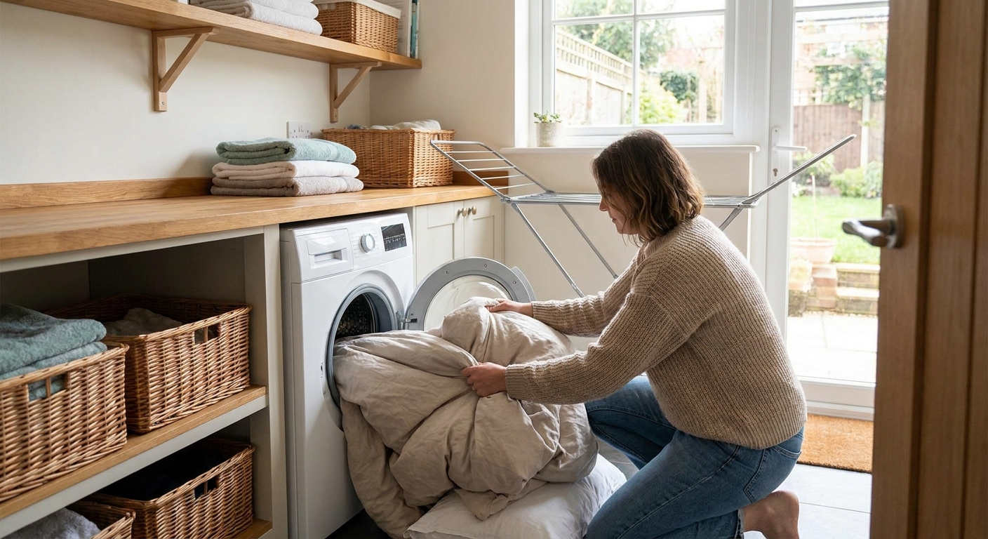 Parent loading bedding into a household washing machine in a laundry room