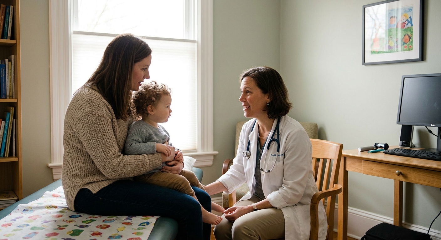 A pediatrician seated in a clinic exam room speaking with a parent who is holding a toddler, calm reassuring medical visit photo