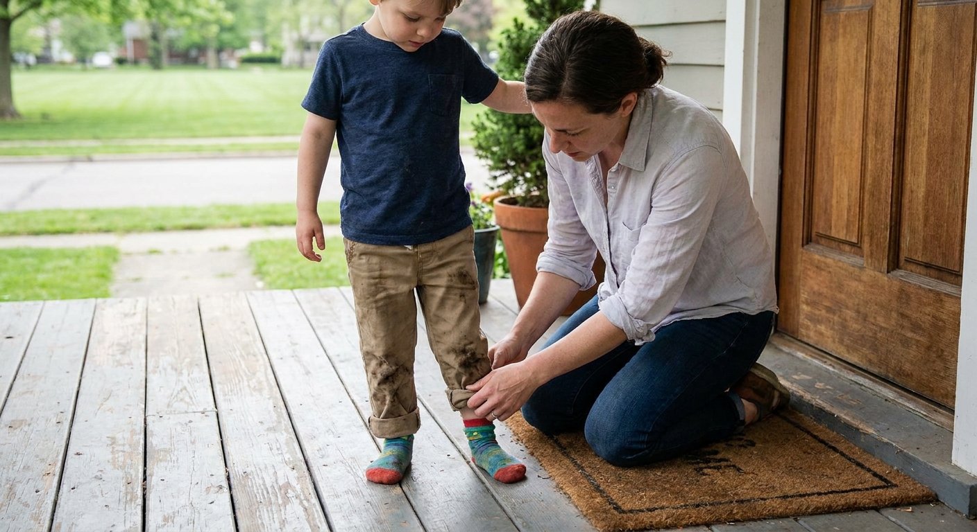 A parent kneeling by the front door checking a child’s socks and pant cuffs for ticks after playing at a grassy park, candid lifestyle photo