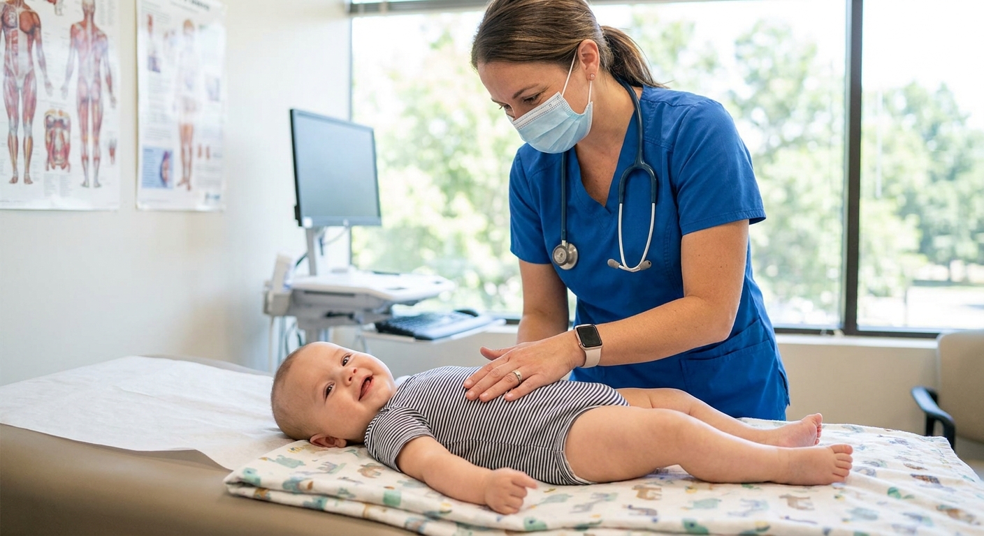 A real photo of a pediatrician gently examining a baby's abdomen during a routine checkup in a bright clinic room