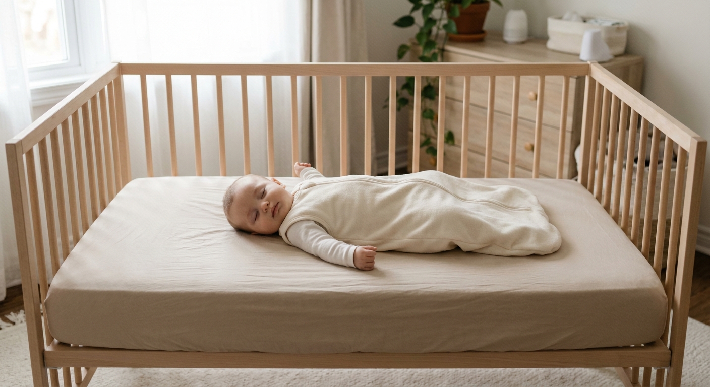 A crib with a firm mattress and a fitted sheet only, with a baby wearing a sleep sack and no loose blankets or stuffed animals, realistic home photo
