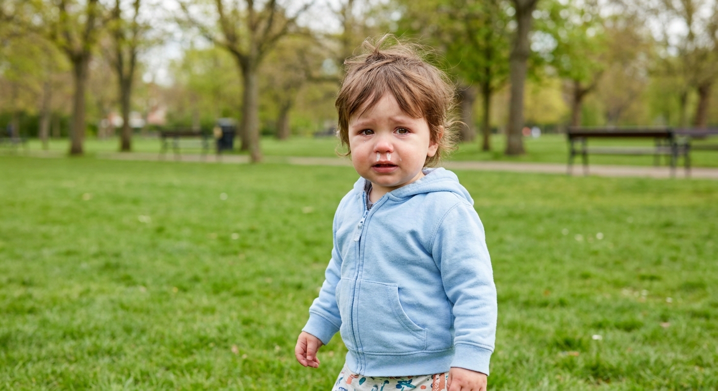 A toddler in a grassy park with a clear runny nose and slightly watery eyes, wearing a light jacket during springtime, real photo style