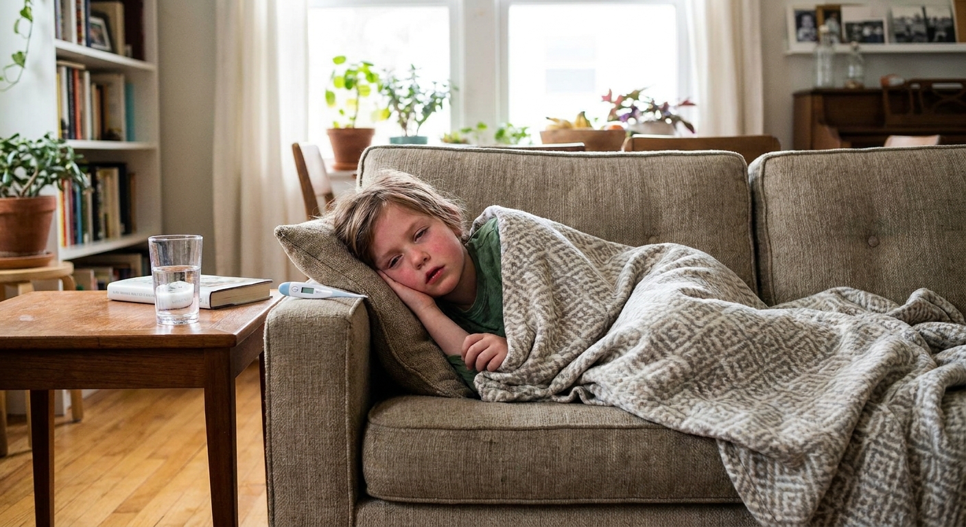 A tired elementary-aged child lying on a couch with a thermometer nearby, looking feverish in a home living room, real photo style