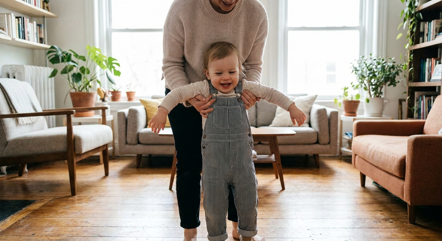 A parent safely lifting a toddler under the armpits in a bright living room, showing supportive hands and the child’s arms relaxed, realistic photo
