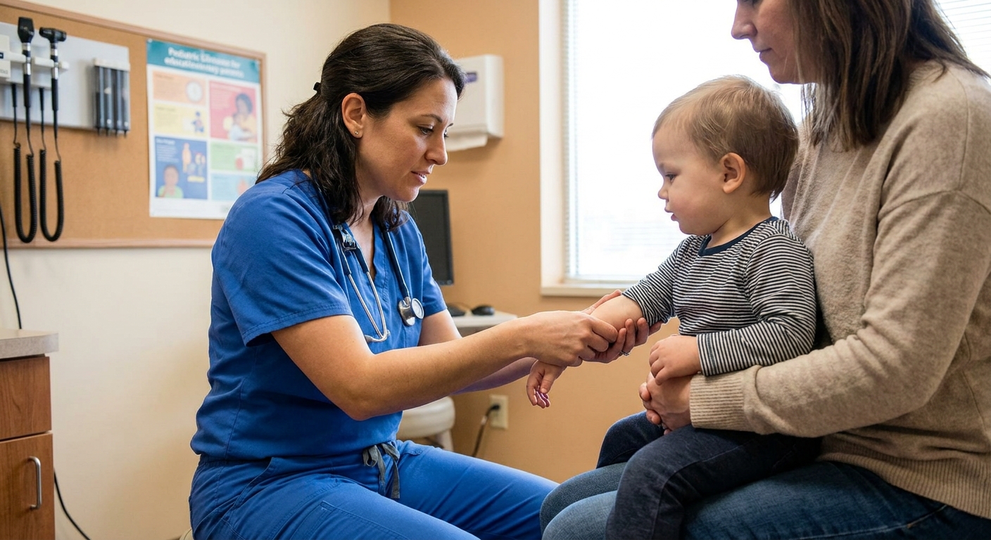 A pediatric clinician gently examining a toddler’s forearm and elbow while the child sits on a parent’s lap in a clinic exam room, realistic photo