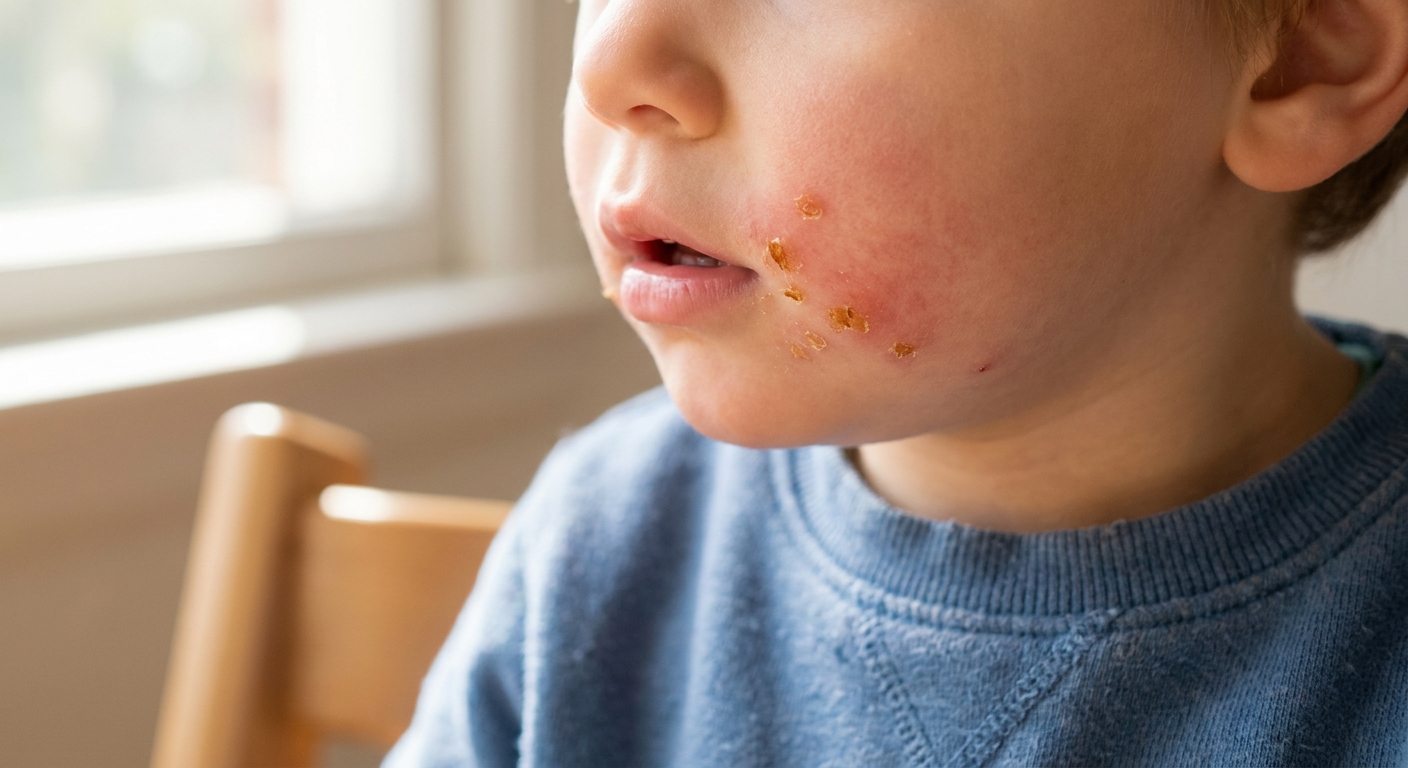 A close-up real-life photo of a child’s cheek with small honey-colored crusted patches near the mouth, consistent with impetigo