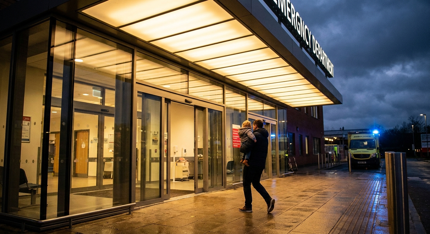 A real photo of a hospital emergency department entrance at night with lights on and a parent carrying a small child toward the doors
