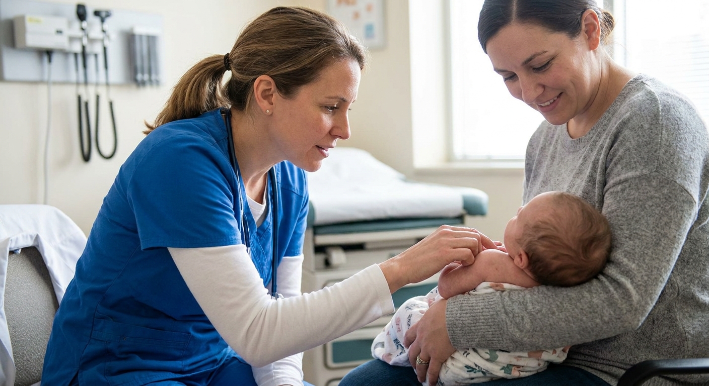 A real photograph of a pediatric dermatologist gently examining a baby’s skin on the shoulder in a clinic room while a parent holds the infant