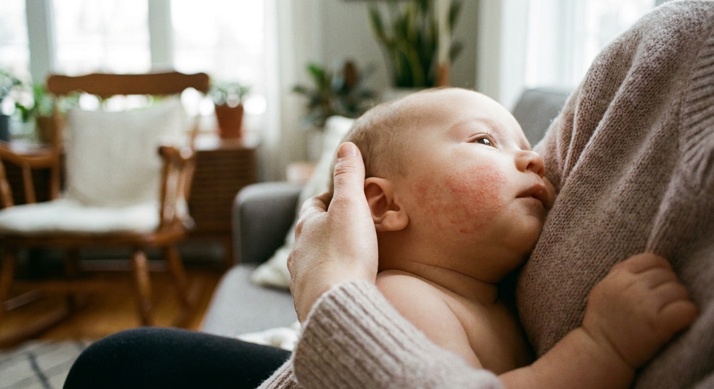 A close-up real photo of a baby with mild eczema redness on the cheek while sitting on a parent’s lap indoors, natural light