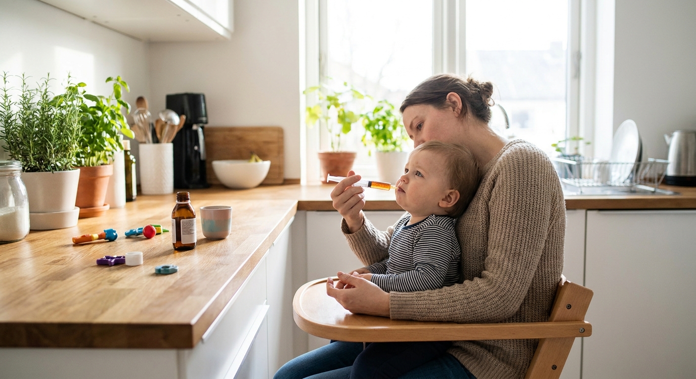 A parent giving a toddler liquid medicine with an oral syringe in a bright kitchen, candid realistic photo
