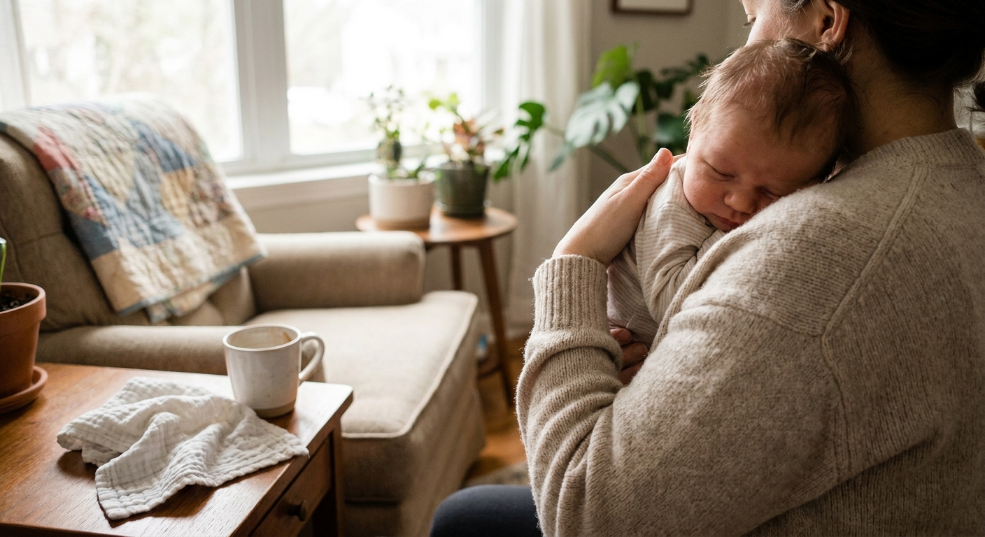 A parent holding a newborn upright against their shoulder while gently patting the baby's back after breastfeeding, cozy home setting, real photo style