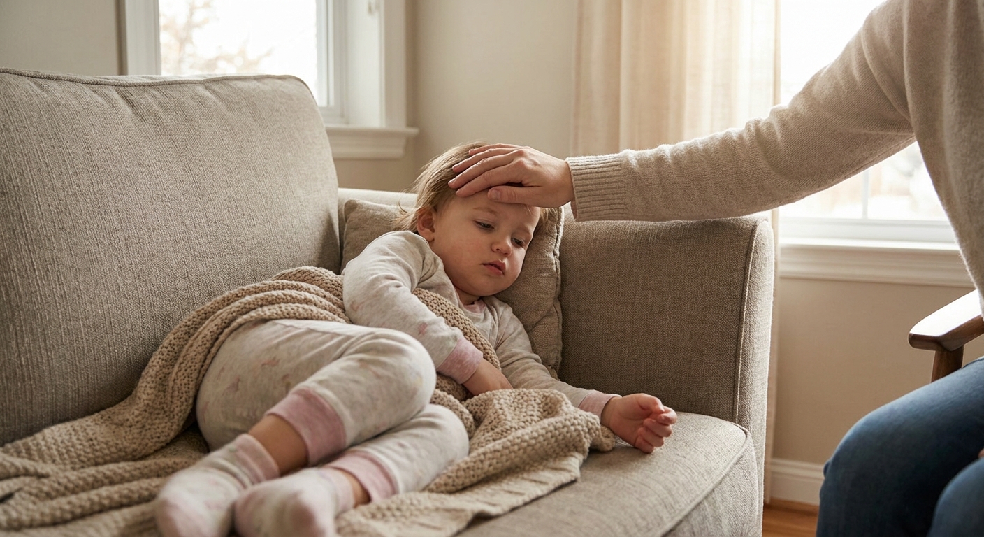 A sick toddler lying still on a couch with a blanket while a parent gently places a hand on the child's forehead, natural indoor light, realistic photo