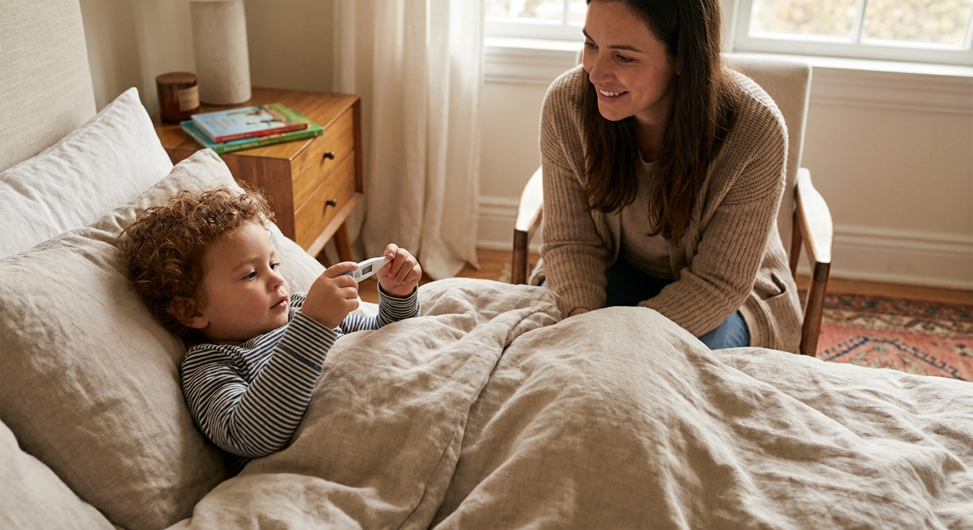 A preschool-aged child lying in bed holding a digital thermometer while a parent sits nearby, realistic indoor photo