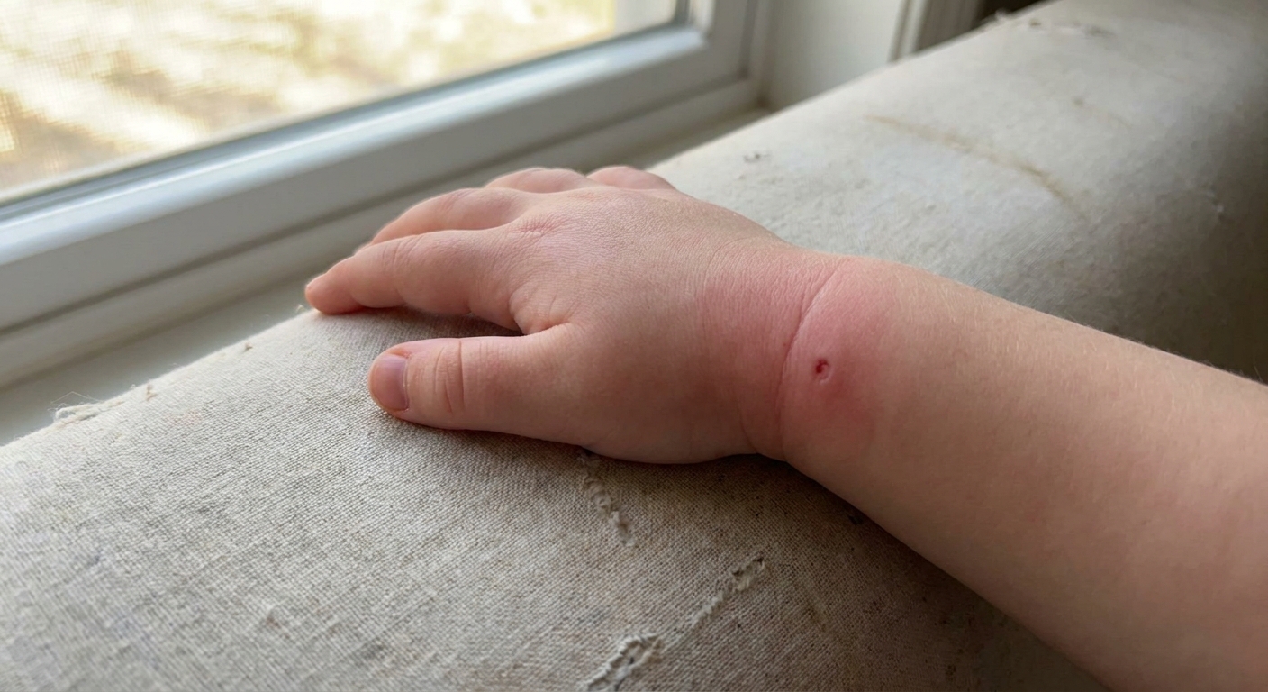 A close-up photo of a child’s hand with visible swelling and redness around a small bite wound, taken indoors in natural window light