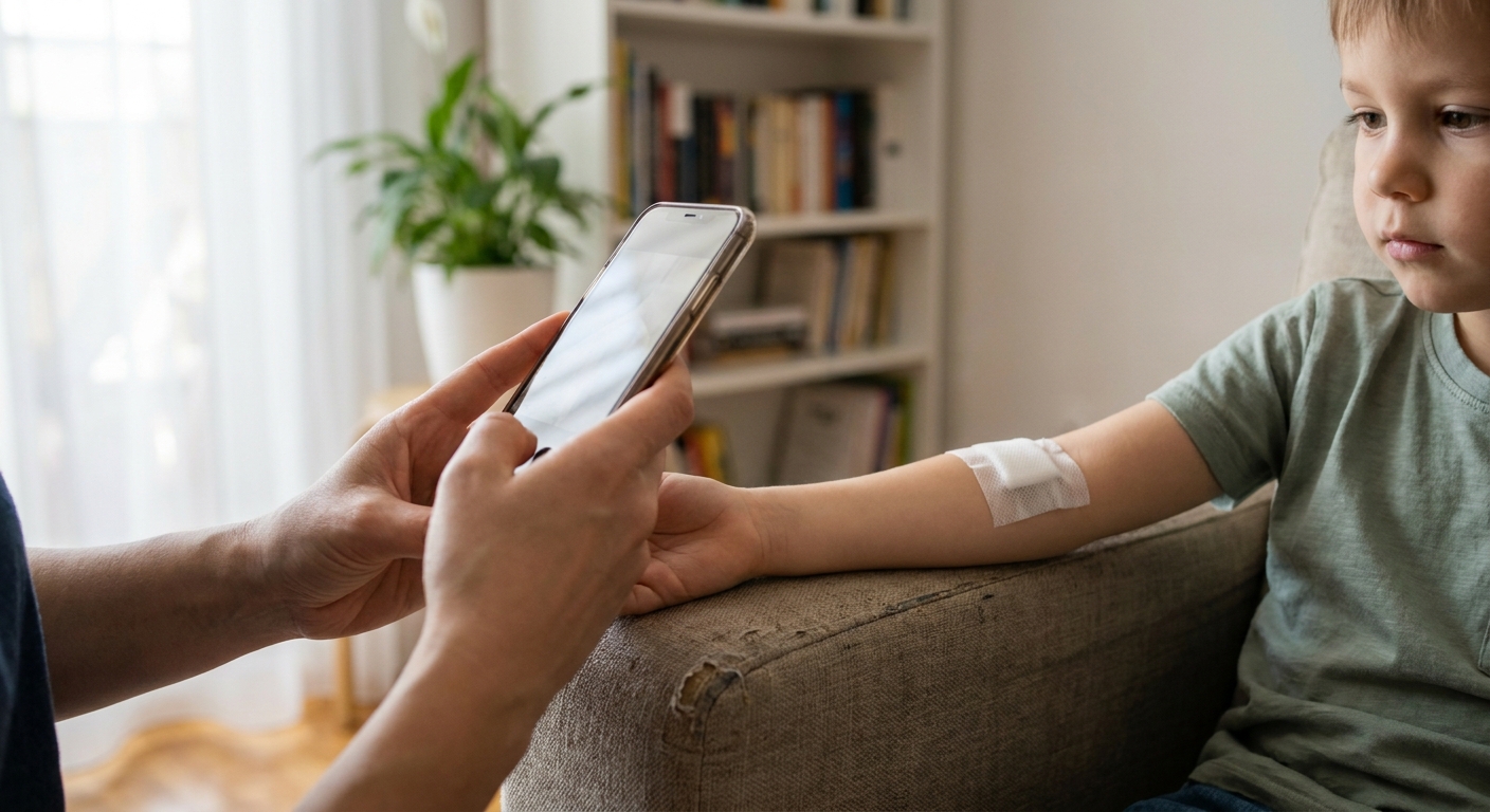 A realistic photo of a parent using a smartphone to take a clear picture of a child’s bandaged forearm wound in a well-lit living room