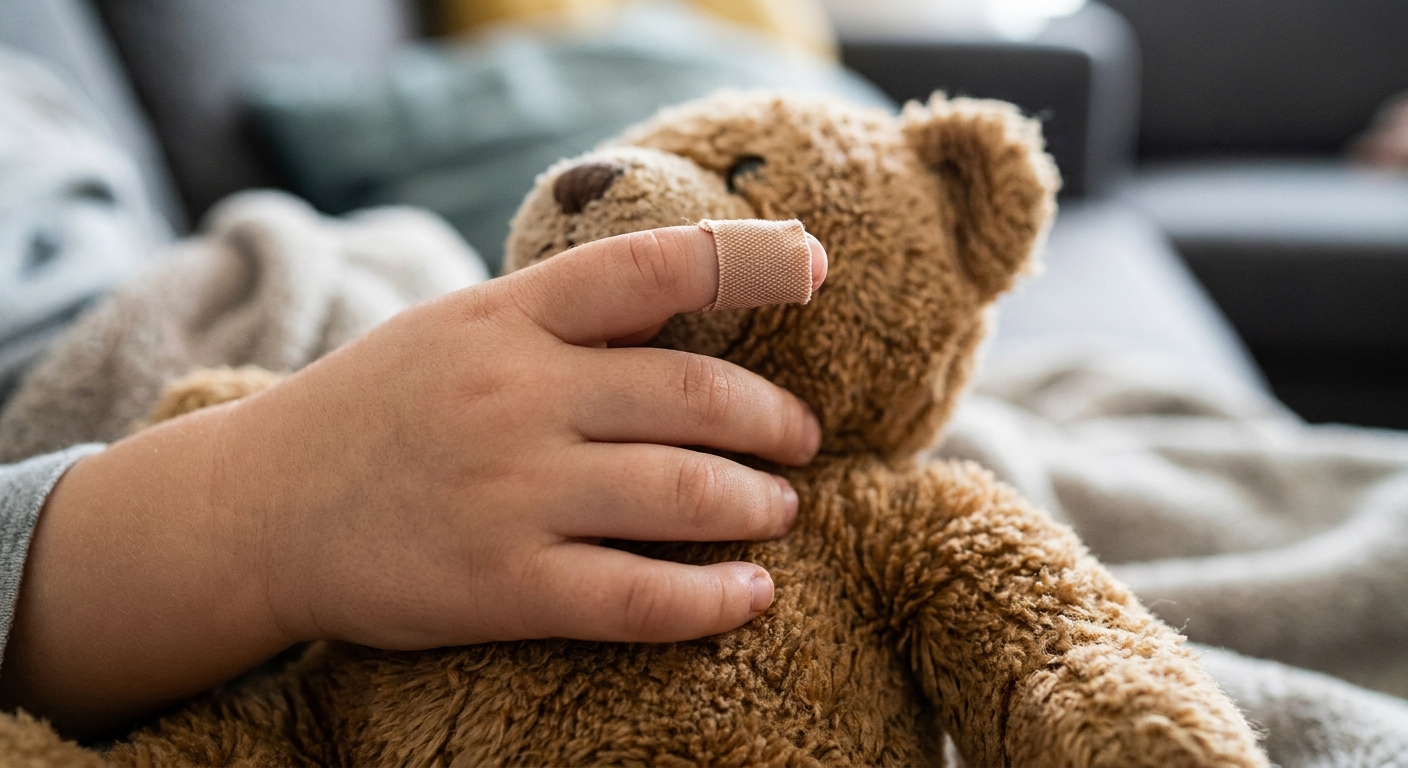 A close-up photo of a toddler’s small finger with a tiny adhesive bandage on the tip while the child holds a stuffed animal