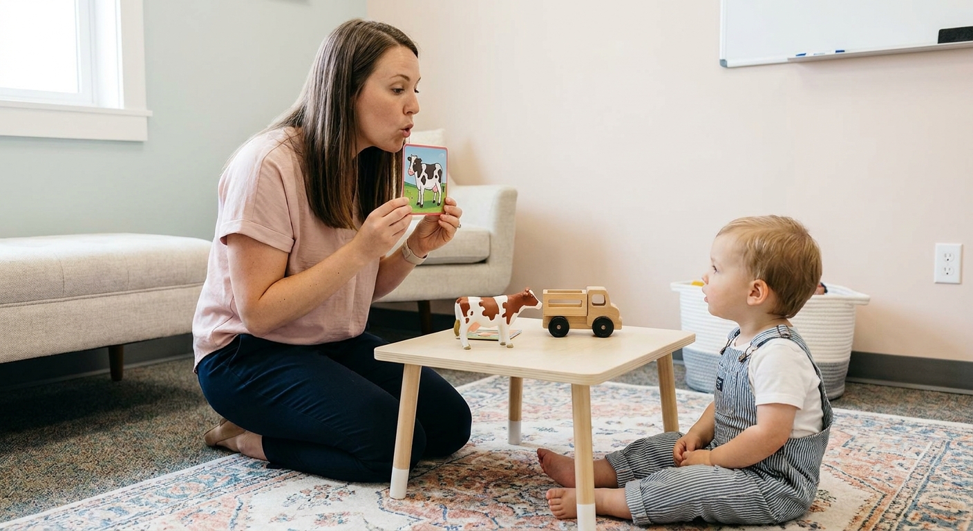 A speech-language pathologist kneeling beside a toddler and gently prompting them to imitate simple sounds using a toy and picture cards in a clinic setting