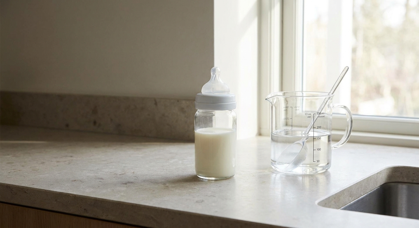 A prepared infant formula bottle sitting on a clean kitchen counter next to a measuring pitcher, natural daylight, real photo