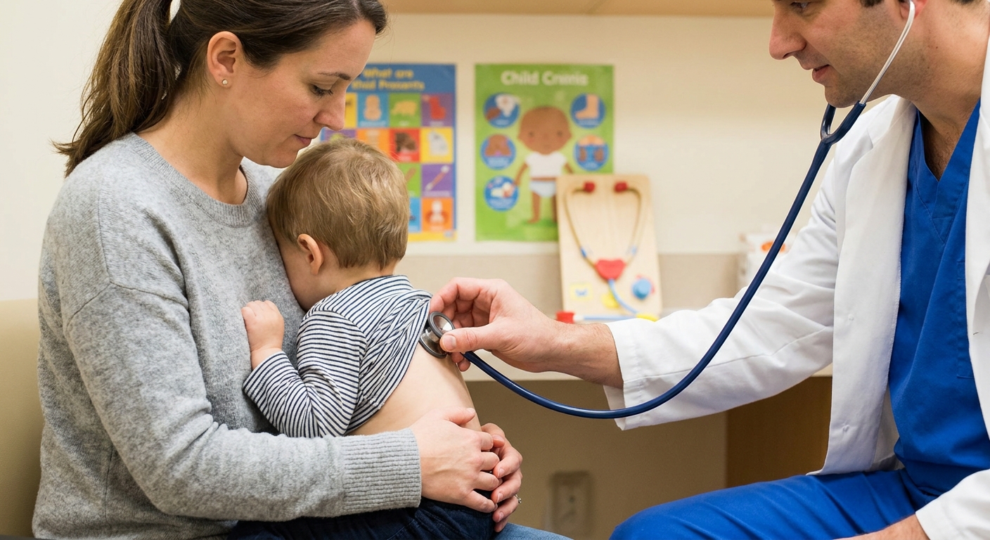 A parent holding a toddler in a pediatric clinic exam room while a clinician listens to the child’s lungs with a stethoscope, natural clinical photo