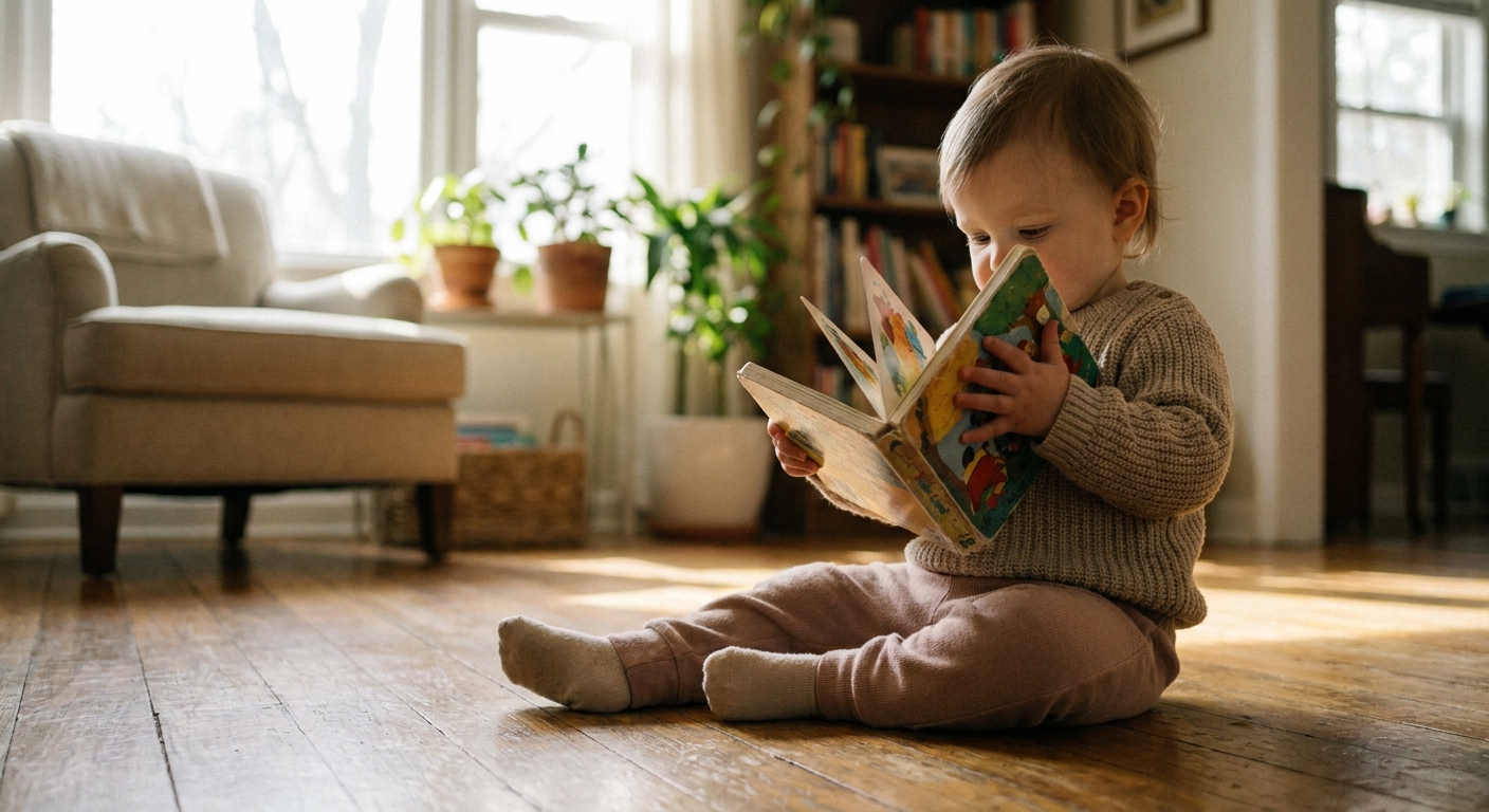 A toddler holding a board book close to their face while sitting on the floor in a bright living room, natural candid photograph