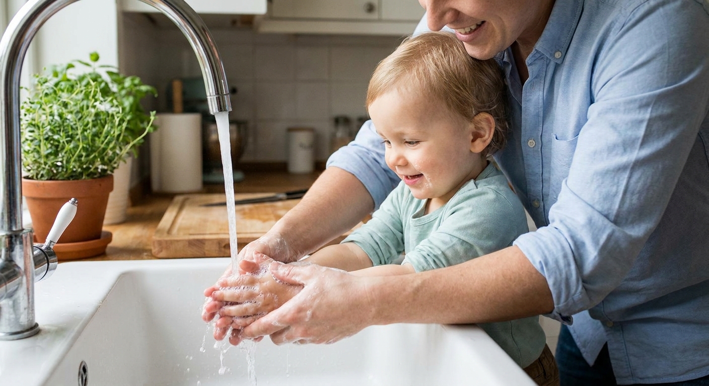 A parent helping a young child wash hands with soap at a kitchen sink, realistic photo