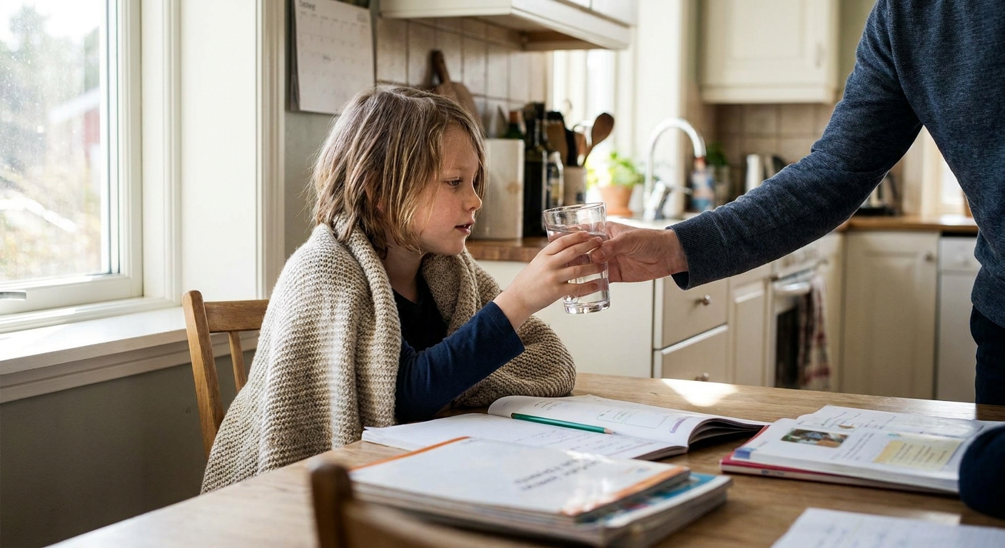 A parent offering a glass of water to a school-aged child sitting at a kitchen table with a blanket around their shoulders, candid home photo