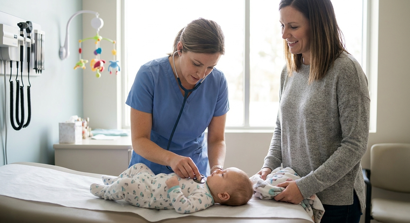 A pediatric nurse using a stethoscope to listen to a calm infant’s breathing while a parent stands nearby in a clinic exam room, realistic photo