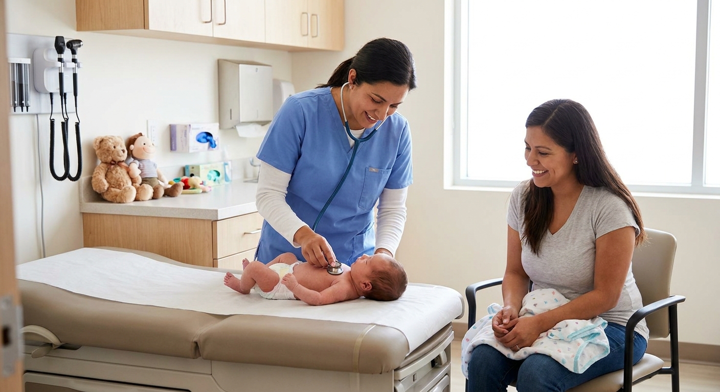 A pediatrician gently examining a newborn during a well-baby visit in a clinic exam room while a parent watches nearby