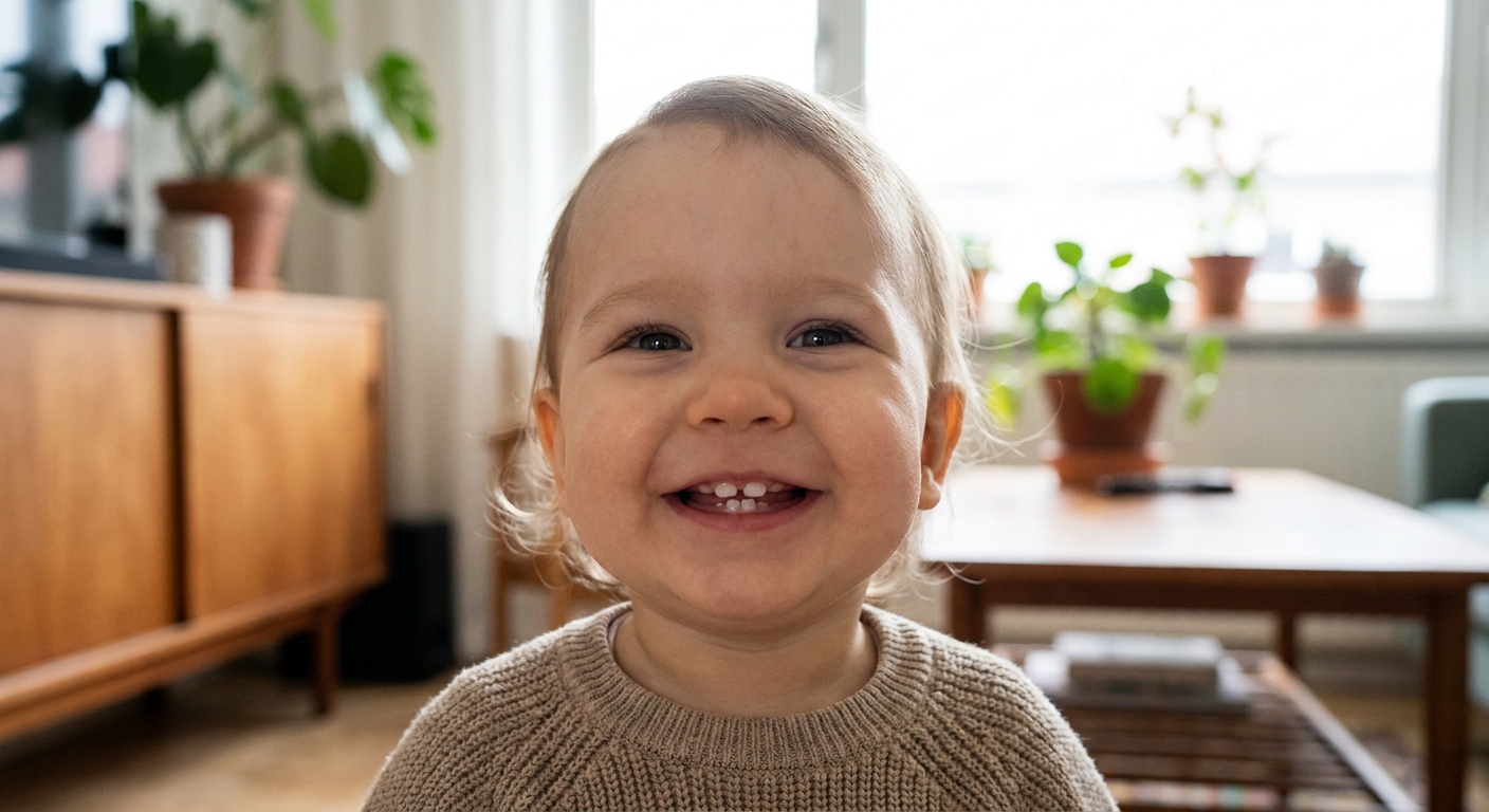 A close-up photo of a smiling toddler showing upper front baby teeth in natural indoor light, realistic photography style