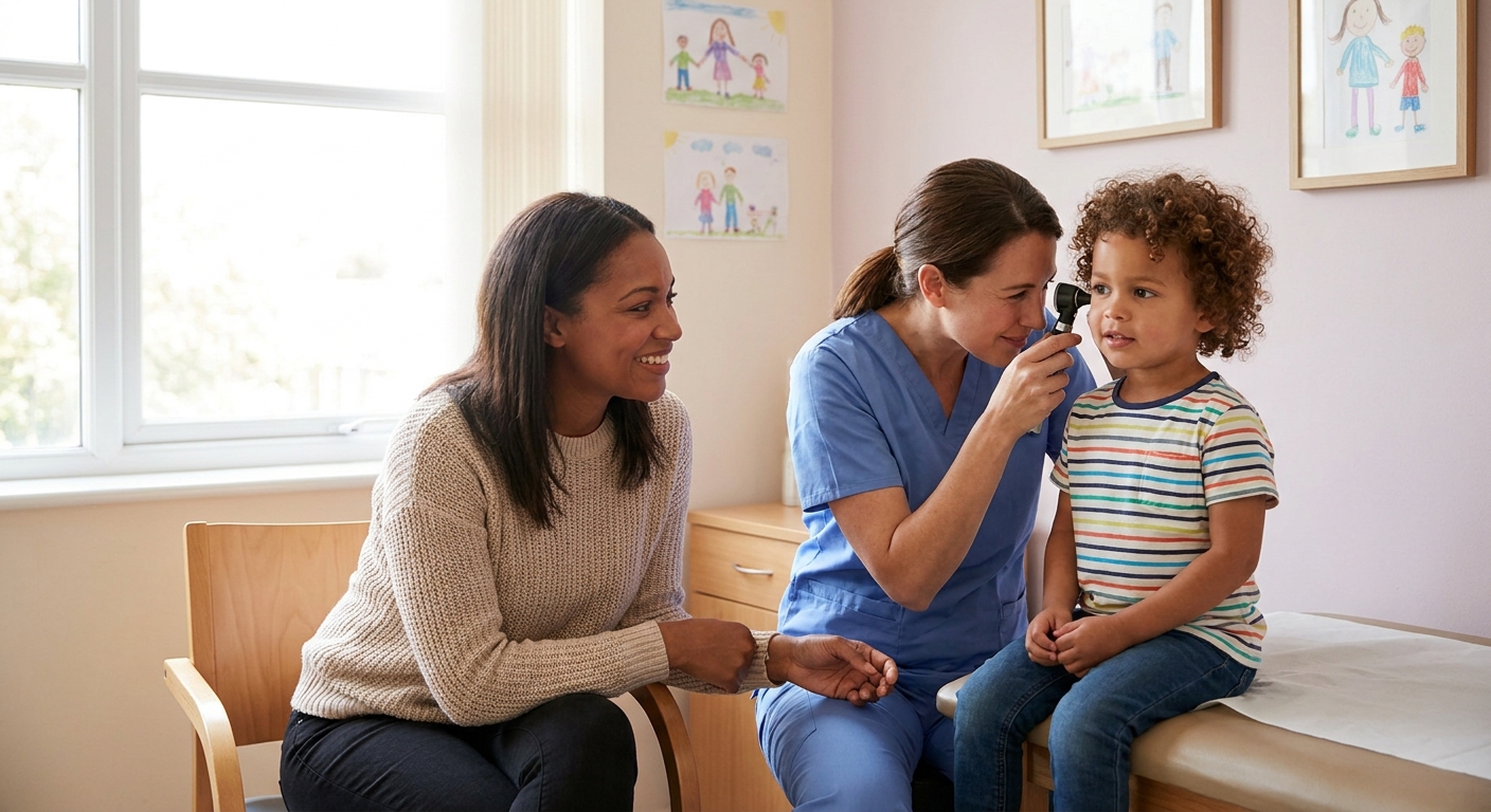 A pediatric clinician gently examining a preschool-aged child’s ear with an otoscope in a well-lit clinic room while a parent sits nearby, realistic medical photo