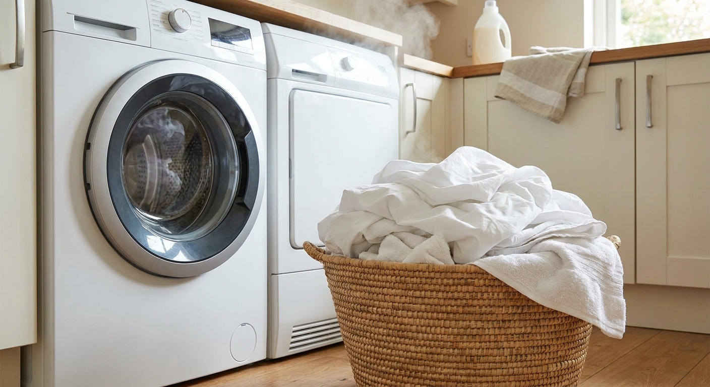 A real photo of a laundry basket filled with white bedding next to a washing machine, suggesting hot washing and drying as part of home cleaning