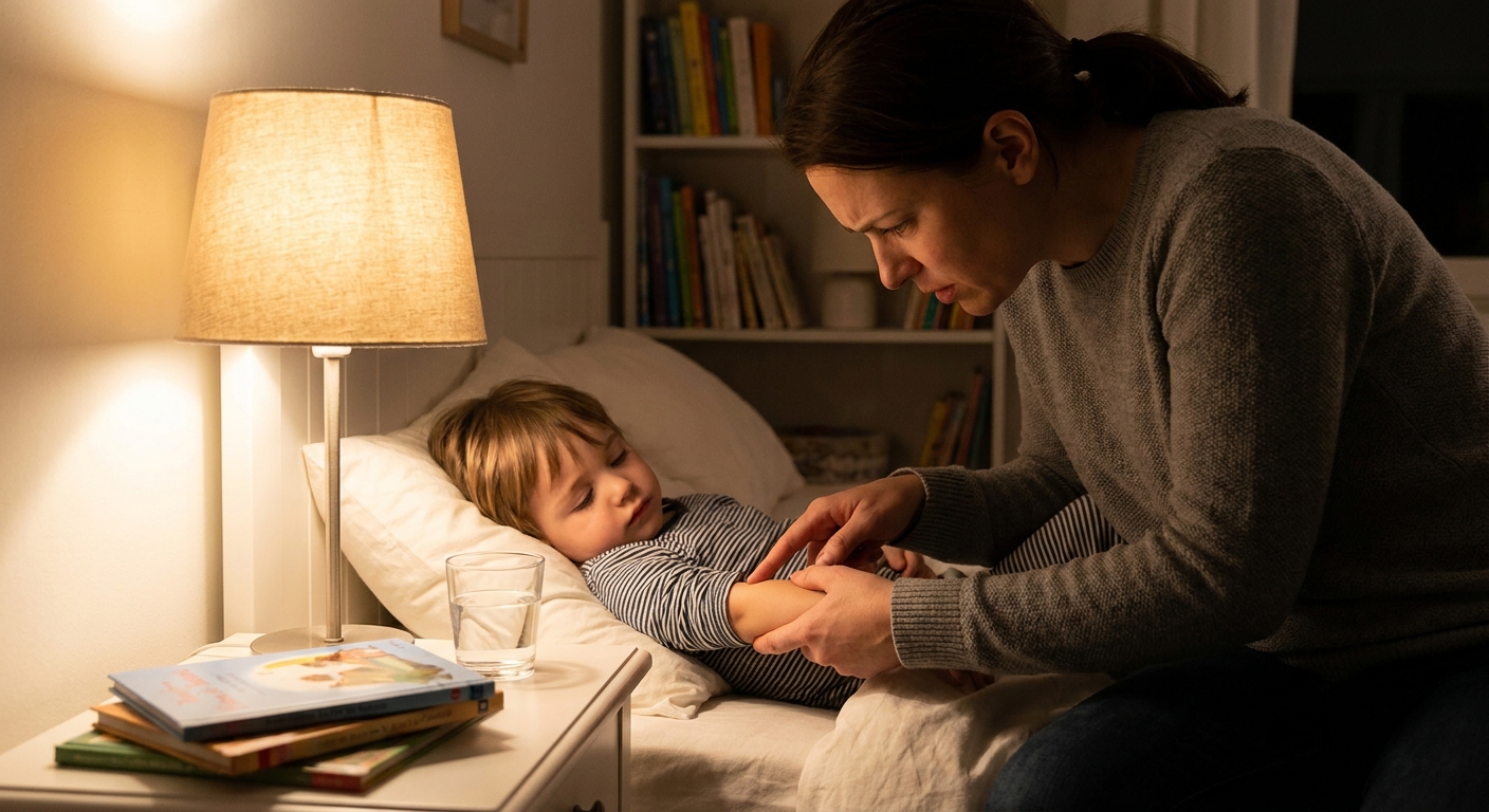 A real photo of a parent gently examining a child’s forearm under warm bedside lamp light, looking for small bumps before sleep