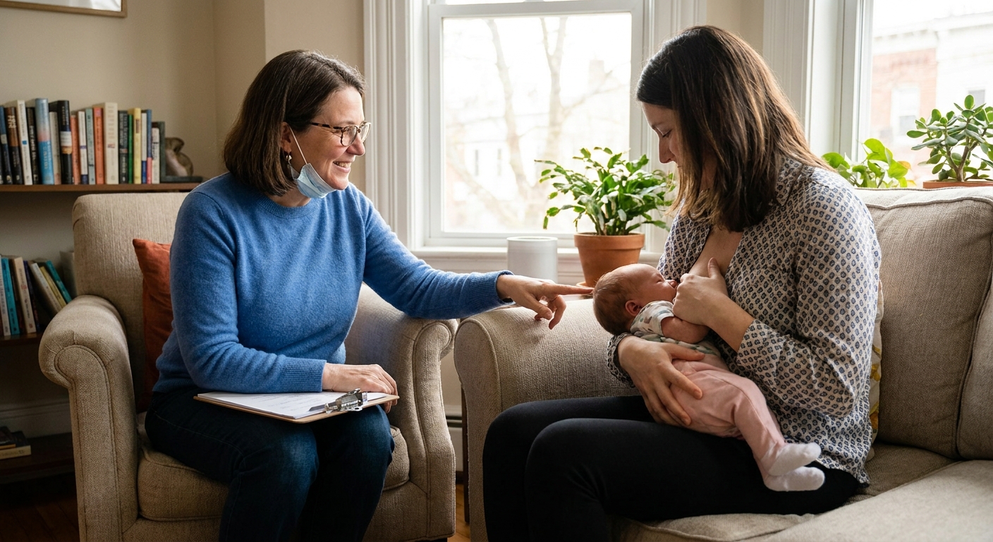 A lactation consultant sitting beside a parent on a couch during a calm home visit, observing a newborn feeding and offering supportive guidance, realistic photography