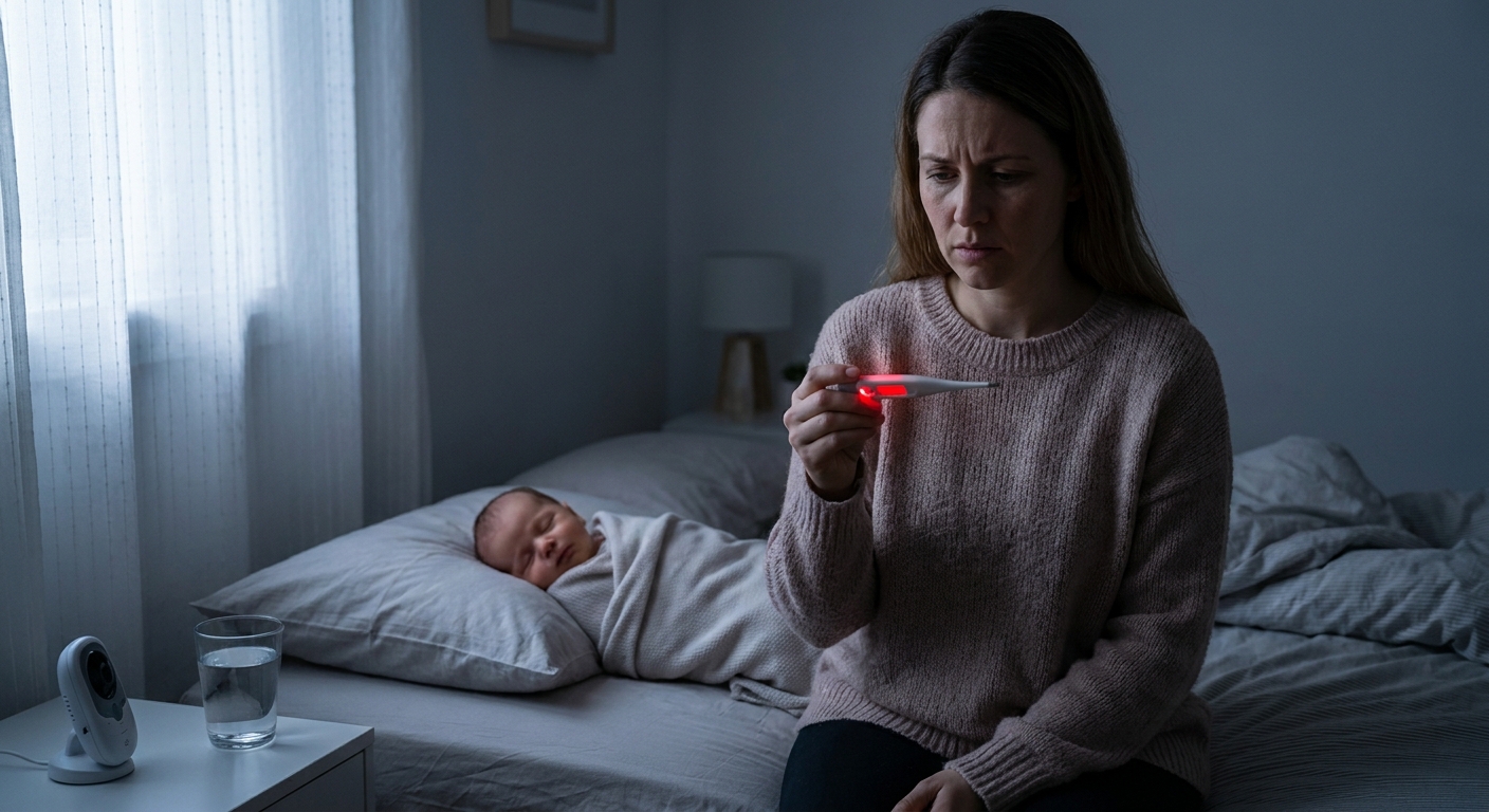 A concerned breastfeeding parent sitting on the edge of a bed holding a digital thermometer while a newborn rests nearby, realistic low light photography