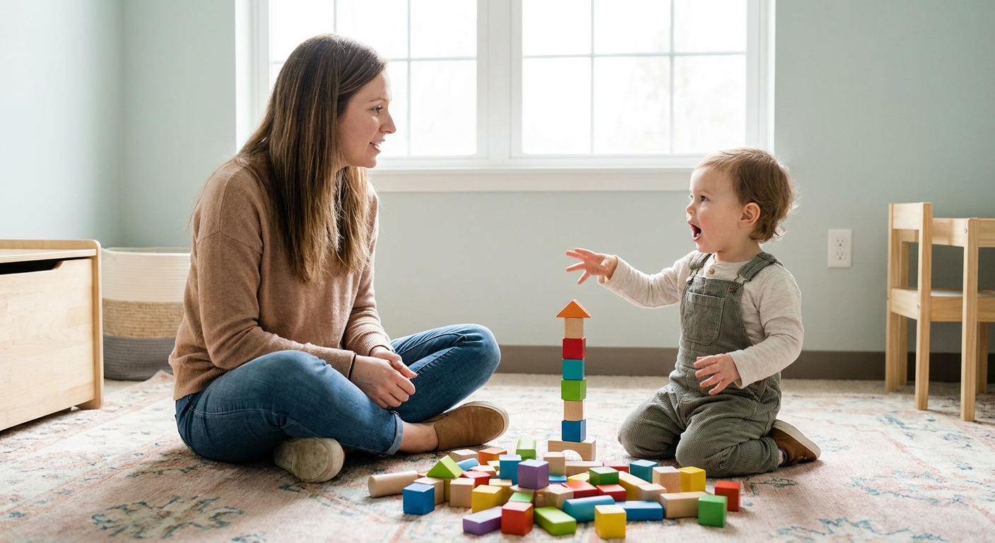 A speech therapist sitting on the floor in a pediatric clinic playroom building blocks with a toddler while the child vocalizes and gestures, candid photo