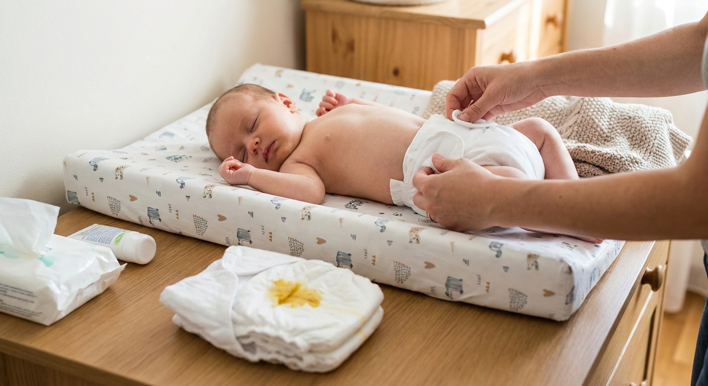 A caregiver fastening a clean diaper on a newborn on a changing pad, with a small amount of soft yellow stool visible in the used diaper nearby, realistic home setting