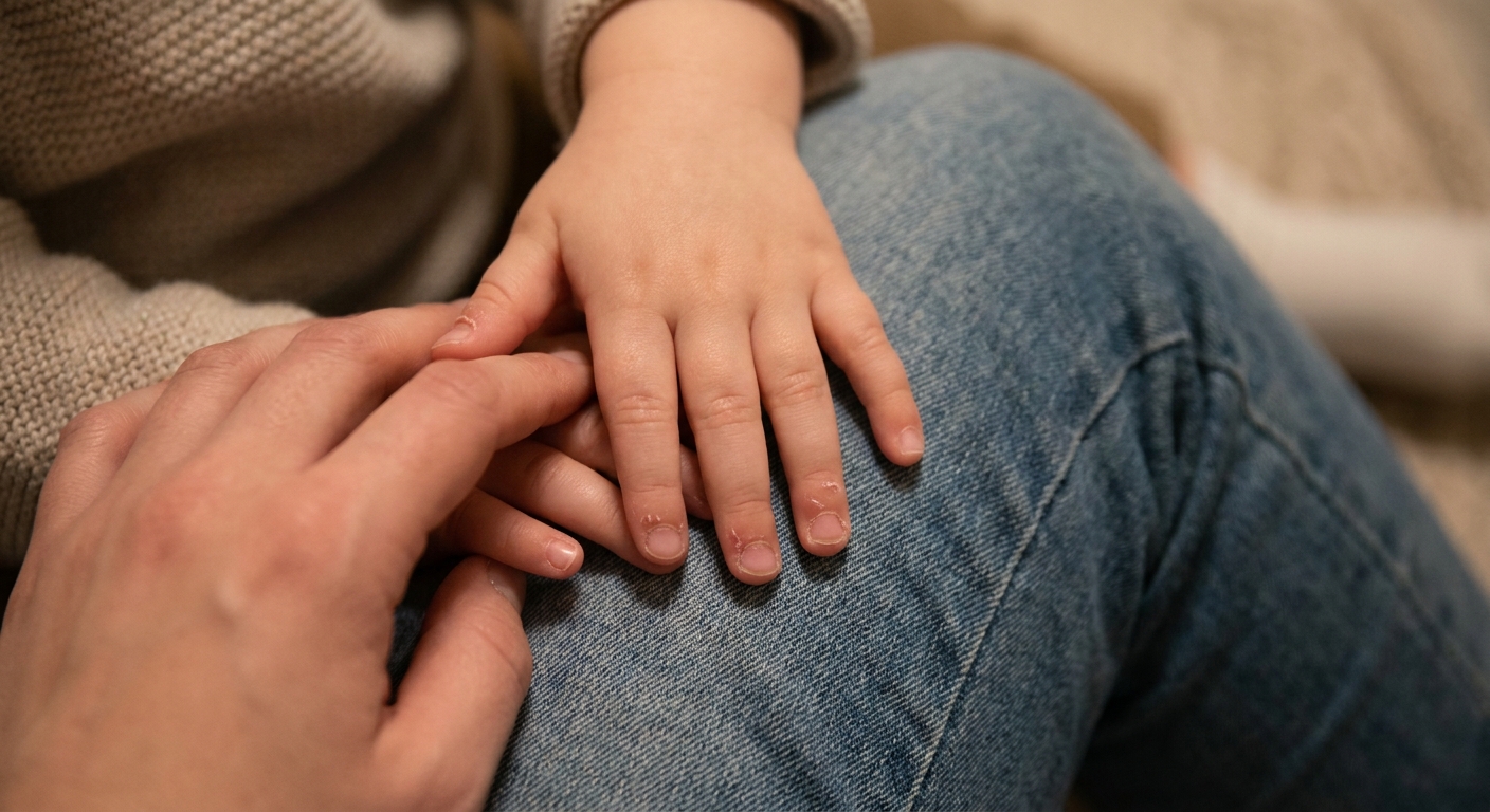 Close-up photograph of a toddler's hands with slightly dry skin around the nails while resting on a parent’s lap, warm indoor light