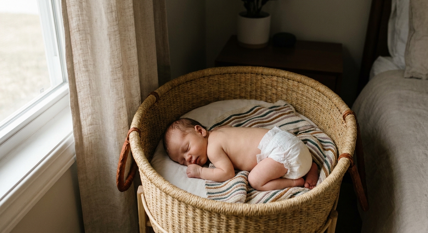 A newborn baby sleeping peacefully in a bassinet wearing a clean diaper, soft natural light in a bedroom, real photo