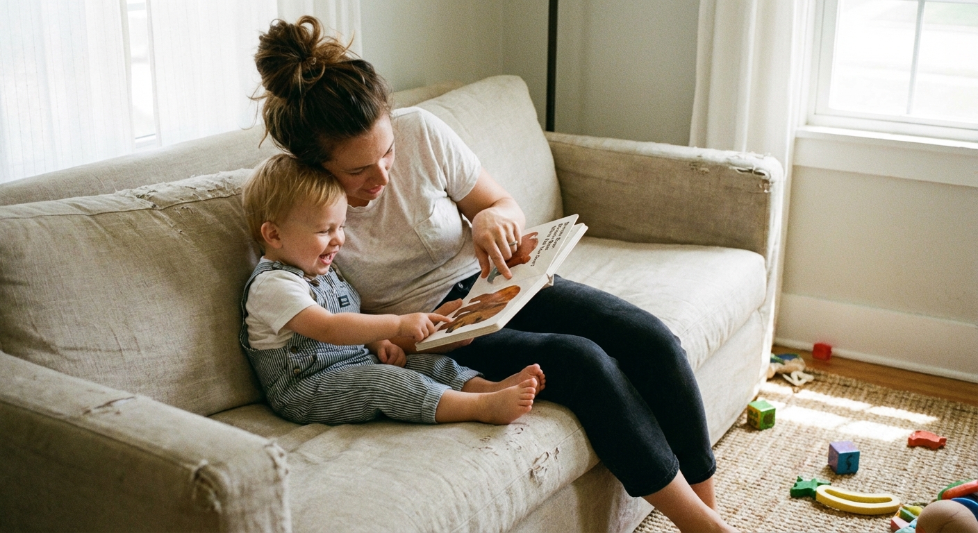 Parent and toddler reading a board book together on a couch