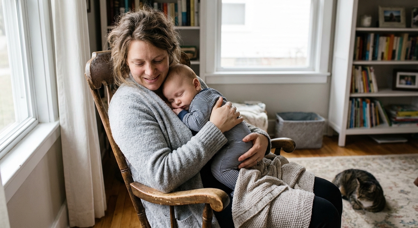 Parent in a rocking chair holding a sleeping 4-month-old