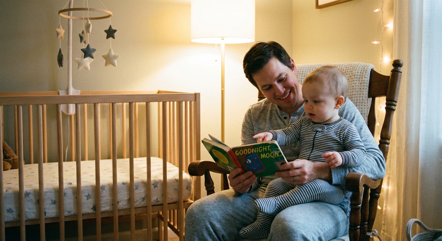 Parent reading a board book to a baby in pajamas in a softly lit nursery near a crib