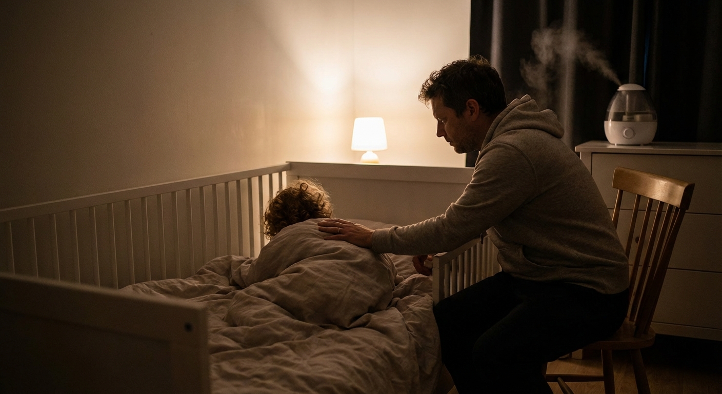 Parent sitting beside a toddler’s bed at night while the toddler coughs under a blanket